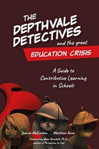 Cover Thumbnail of Depthvale Detectives Book. Red book cover with three illustrated children dressed as dectives and one masked villian in a red cape in the background.